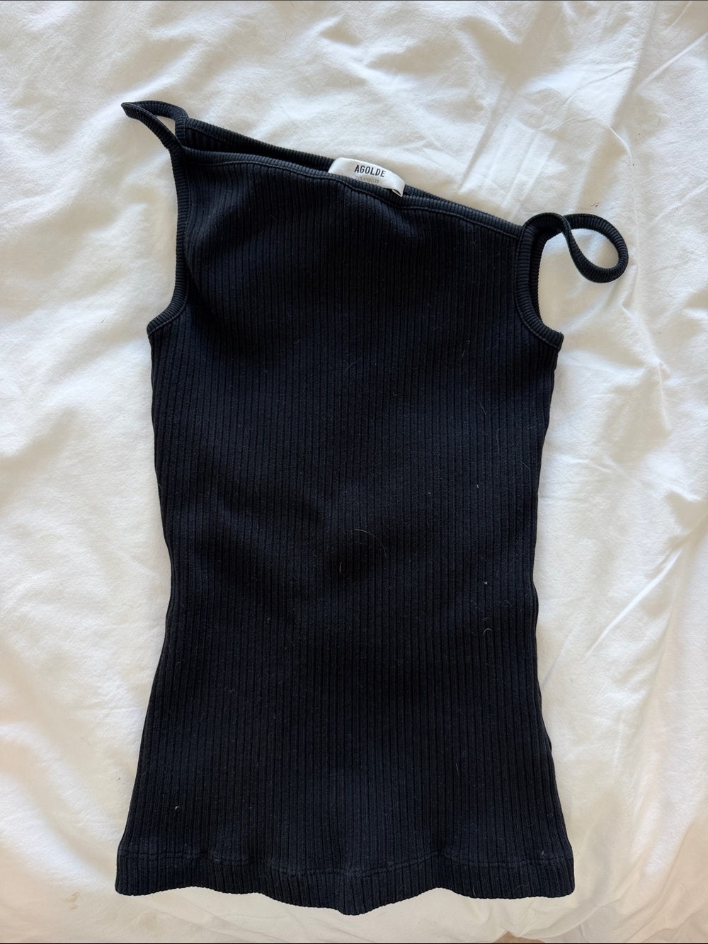 Agolde Black Ribbed One-Shoulder Tank Top